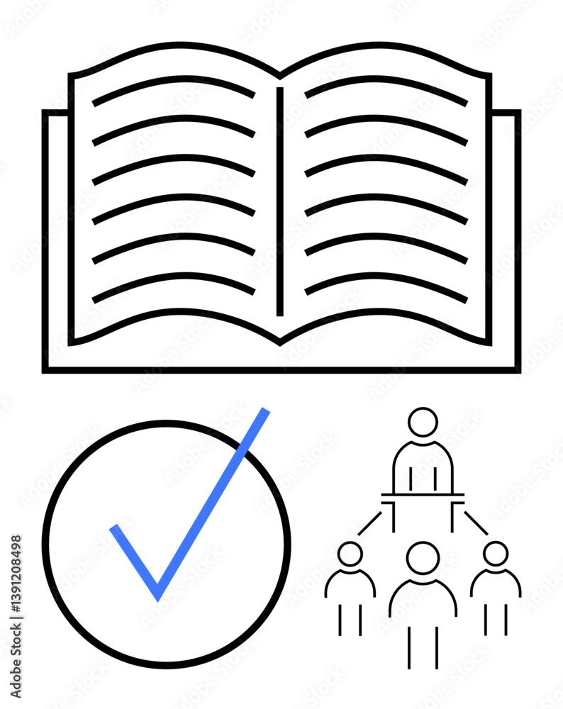 Poster open book symbolizing knowledge, blue checkmark for validation, and organizational hierarchy denotin