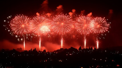 Red fireworks display over a city skyline at night.
