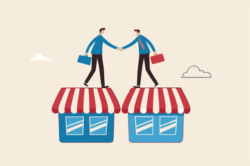 B2B, business to business sale agreement, enterprise commerce, contractor or supplier trade between company concept, businessman owner handshake on enterprise shop for B2B agreement.