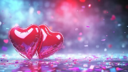 Obraz premium Two shiny red heart-shaped balloons are placed on a shimmering surface surrounded by vibrant confetti, creating a joyful ambiance