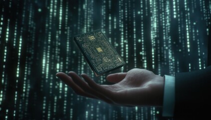 A hand holding a circuit board floating in data streams
