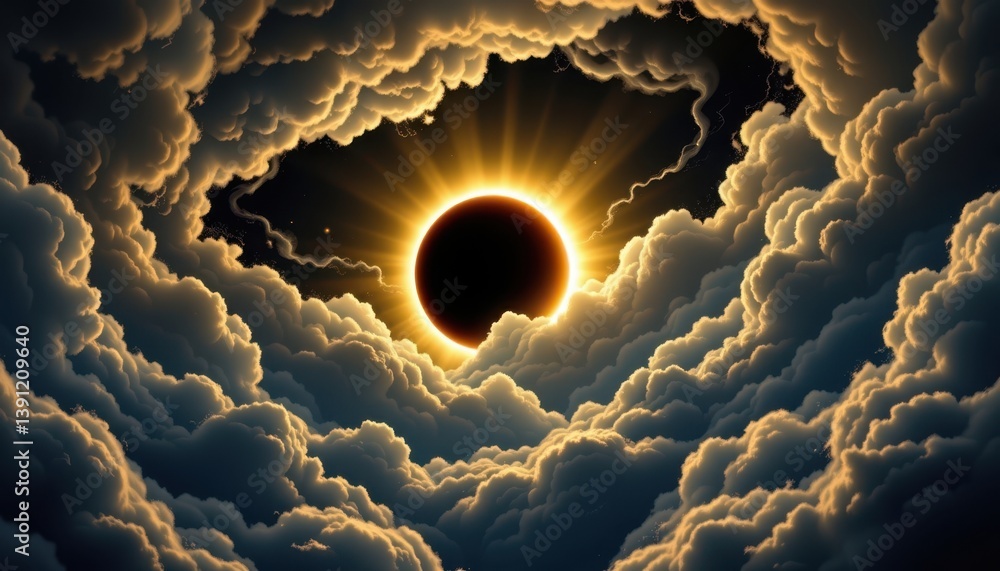 Poster eclipse of twists a scene depicting an eclipse surrounded by swirling clouds, combining light and sh