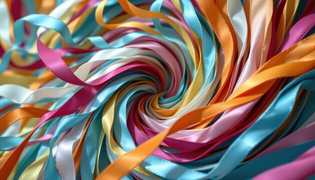 Cascading Ribbons Ribbons of fabric flowing and twisting in a dynamic spiral, blending colors as they weave together.