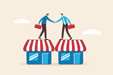 B2B, business to business sale agreement, enterprise commerce, contractor or supplier trade between company concept, businessman owner handshake on enterprise shop for B2B agreement.