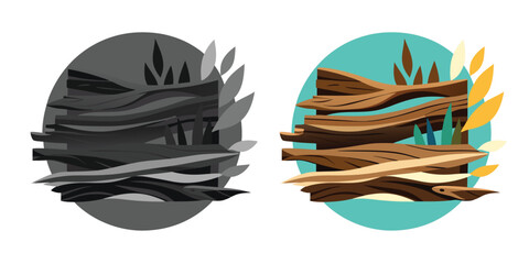Naklejka premium Driftwood Sculpture on a branch silhouette, a natural vector illustration black & white with coloring of spring leaves on an old tree