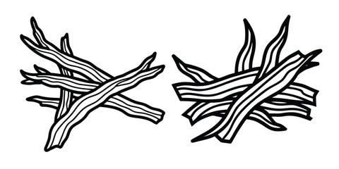 Driftwood Sculpture on a branch silhouette, a natural vector illustration black & white with coloring of spring leaves on an old tree