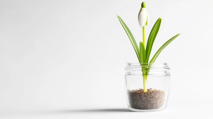 Fototapeta premium Snowdrop Flower Growing in a Clear Jar with Soil and Green Leaves