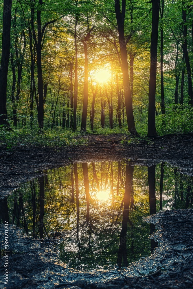 Wall mural sunlight filtering through forest trees