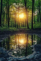 Fototapeta premium Sunlight filtering through forest trees