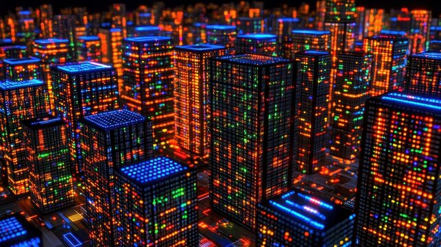 A futuristic urban scene featuring glowing and illuminated city structures