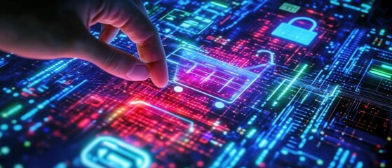 A human finger interacting with an illuminated digital shopping cart symbol