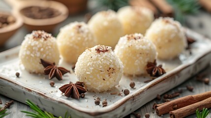 Brazilian beijinho coconut truffles rolled sugar with clove on top placed on a white tray