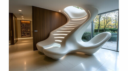 A modern and artistic white staircase with organic flowing shapes