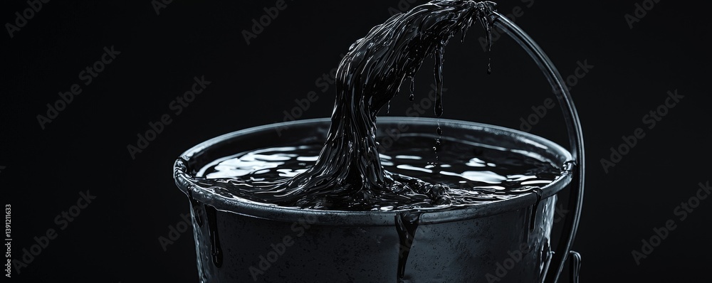 Poster a bucket pouring black paint, emphasizing texture and motion in a dark setting.