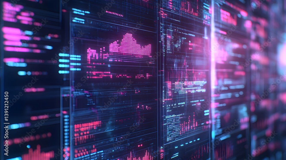 Poster futuristic data screens displaying information and complex analytical results