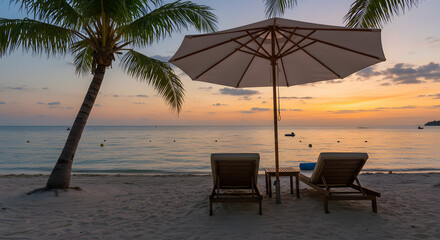 Fototapeta premium Beach relaxation with lounge chairs and umbrella at sunset paradise