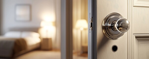 A close-up of a door handle leading to a cozy, softly-lit bedroom.