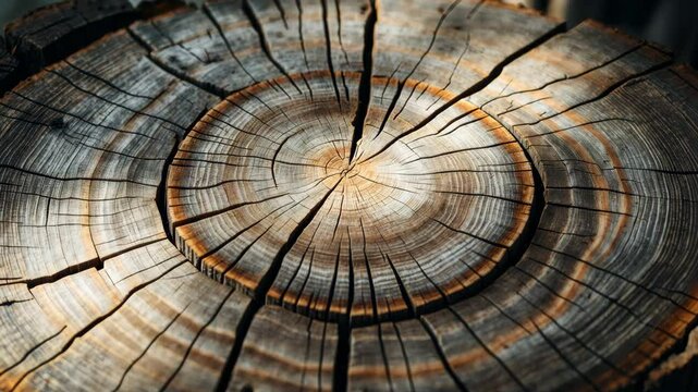 Background of a sliced tree trunk. Wood texture displaying growth rings and cracks.