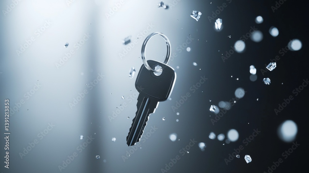 Poster a close-up of a single key hanging against a blurred background with light reflections.