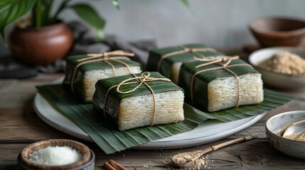Cambodian num ansom sticky rice cake wrapped banana leaves unwrapped and sliced on white dish