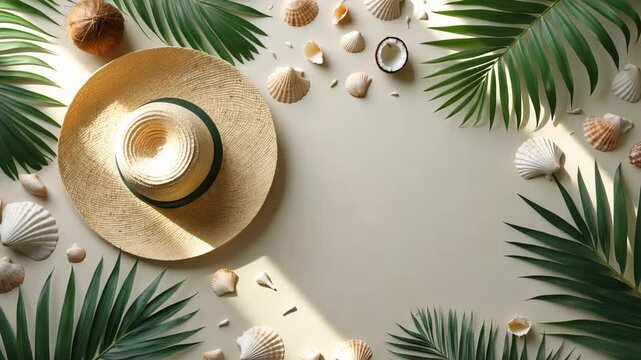 Summer setup. Tropical palm leaves, hat, coconut in the background. Summer motif. Flat lay, top view, empty space.