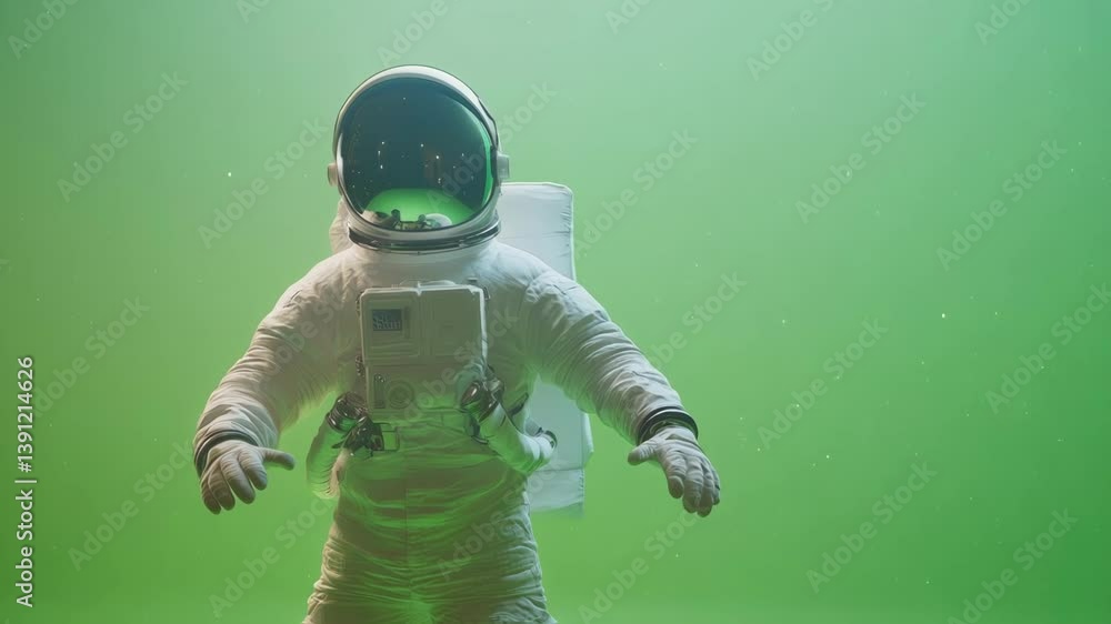 Poster astronaut floating weightlessly in space, extending open arms against green screen background, provi