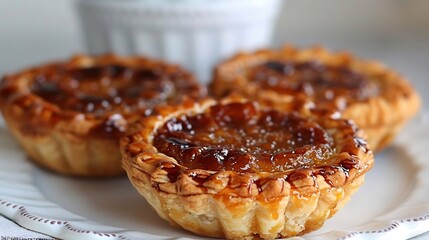 Canadian butter tarts flaky crust and gooey filling neatly placed on a white ceramic plate