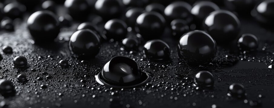 A close-up of glossy black pearls sitting on a textured surface with water droplets.