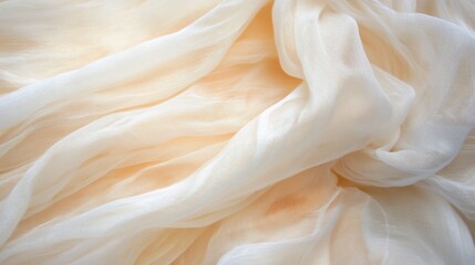 Delicate silk fabric rests gracefully with soft folds, catching warm sunlight that enhances its sheer texture and gentle hues