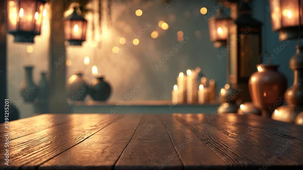 Poster footage of a wooden table set against an abstract blurred background of lights for showcasing or dis