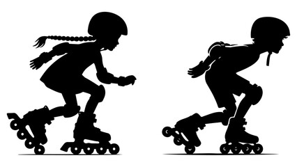 Girl and Boy Rollerblading Silhouette.