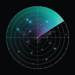 Blue light Radar or Sonar detection unknown target. Green radar vector
