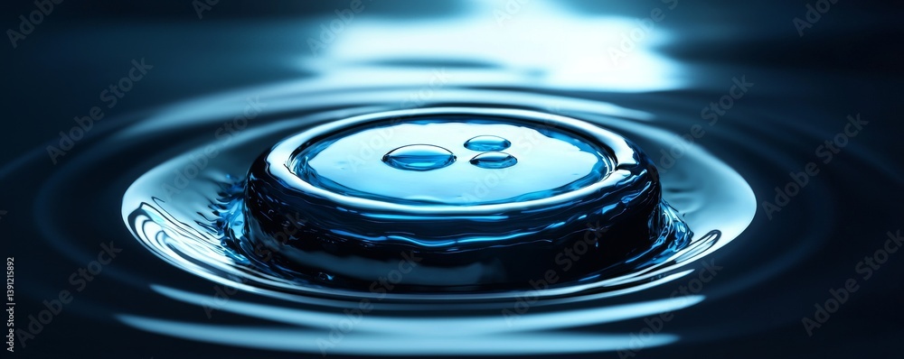 Poster a close-up view of a water drop creating ripples on its surface, symbolizing purity.
