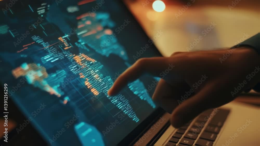 Poster businessman using futuristic computer interface with interactive world map and data visualization, w