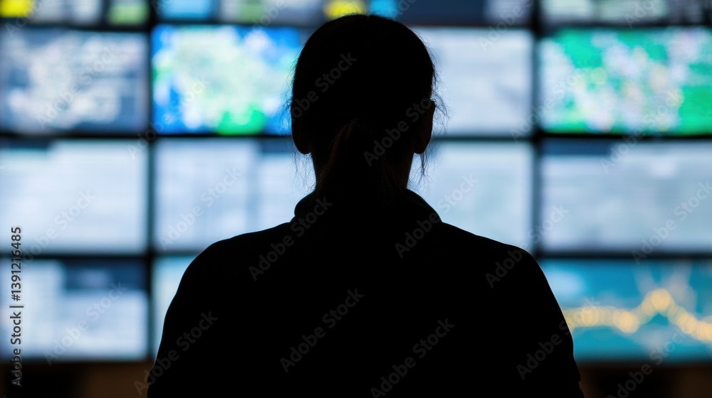 Poster a person observes numerous screens displaying analytical data in a modern control room setting durin