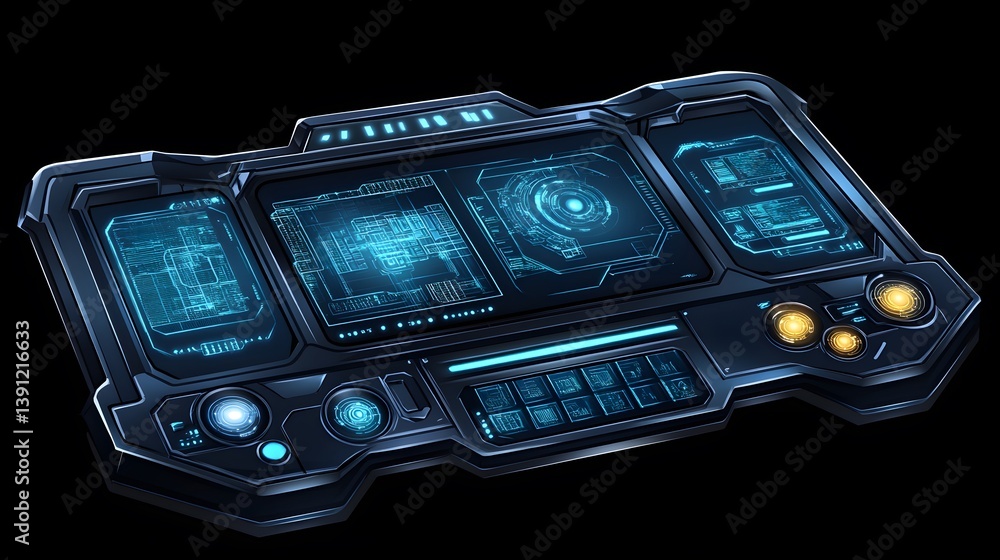 Poster a futuristic technological display with intricate digital screen layouts