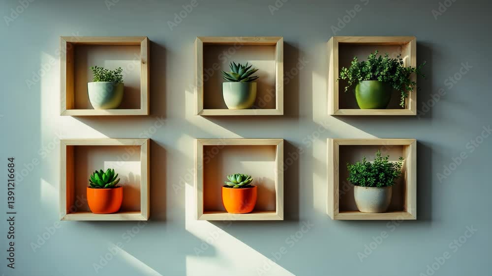 Poster floating square shelves featuring succulents and empty space.