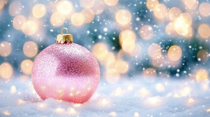 Fototapeta premium A pink ornament covered in glitter sits on a blanket of snow, surrounded by soft glowing lights, creating a festive atmosphere