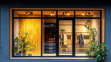 Stylish Boutique Storefront at Night with Warm Lighting and Plants
