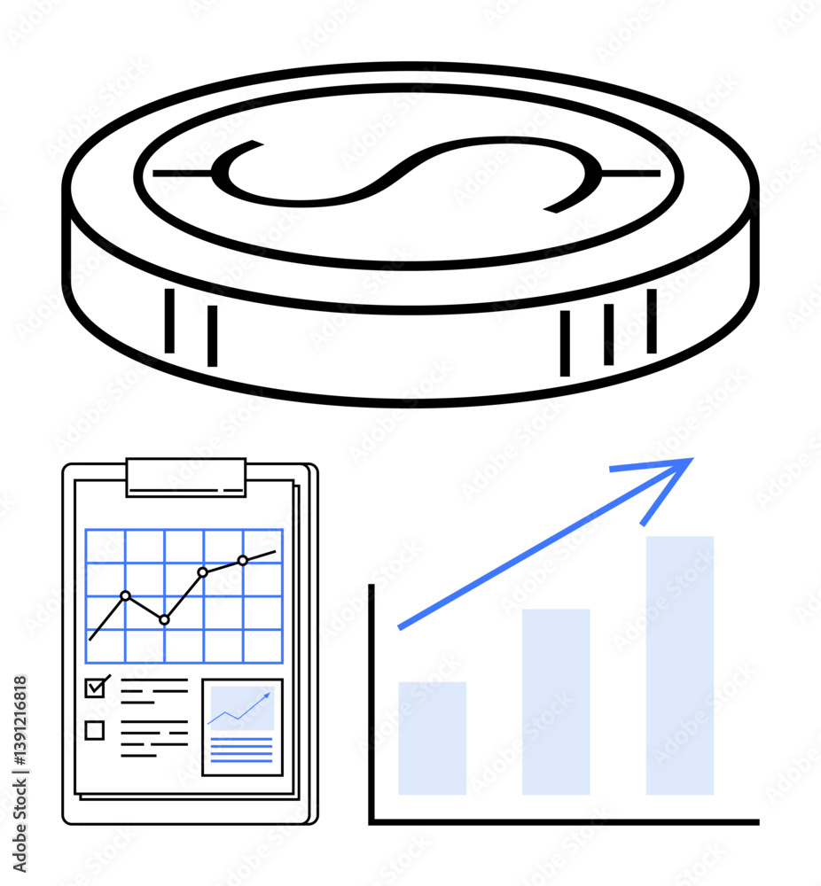 Poster coin emphasizing value, report visualizing analytics, and chart symbolizing financial success. ideal