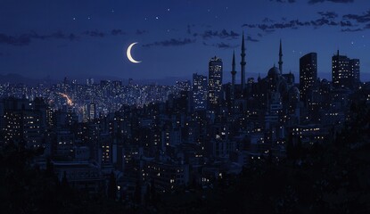 Fototapeta premium Night Cityscape Crescent Moon Over Illuminated Buildings