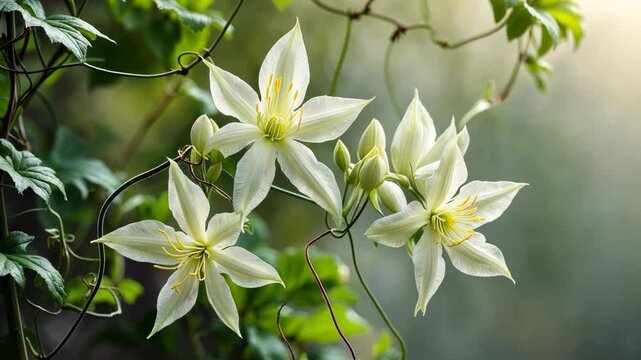 Beautiful Autumn Clematis, striking white flowers, close-up. Headache vine is fragrant, climbing, ornamental vine, blooming garden plant.