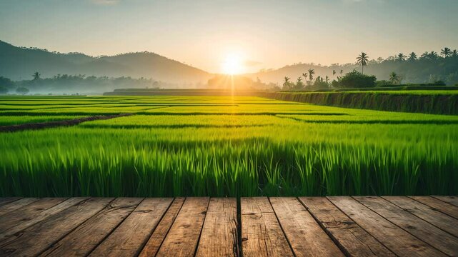 Aged brown wooden flooring adjacent to a green rice field at twilight illuminated by sunset rays.
