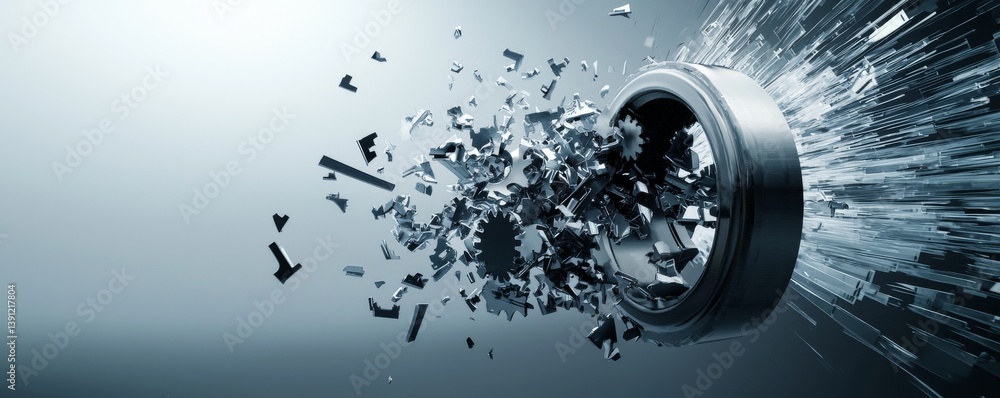 Poster a dynamic explosion of shattered metal revealing high-tech design elements in motion.