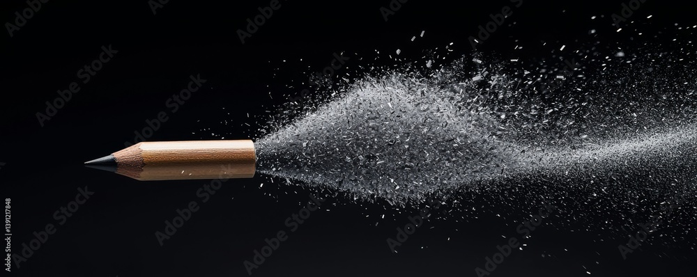 Poster a dynamic image of a pencil tip creating a spray effect, symbolizing creativity.