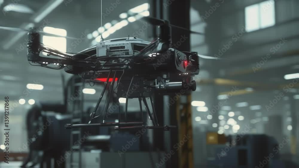 Poster autonomous quadcopter navigating industrial facility, performing precision inspection using advanced