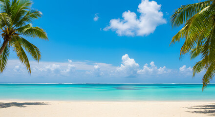 Tropical Beach Scene with Palm Trees and Turquoise Water Landscape