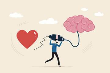 Emotional Intelligence, EI or control feeling and emotion with logical thinking brain, empathy or social skill, self control or balance concept, man connect heart feeling with logical thinking brain.