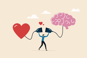 Emotional Intelligence, EI or control feeling and emotion with logical thinking brain, empathy or social skill, self control or balance concept, man connect heart feeling with logical thinking brain.