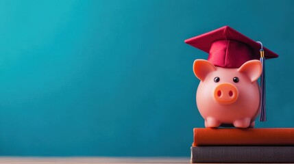 A piggy bank adorned with a graduation cap rests on colorful stacked books, symbolizing the importance of saving for education and financial goals